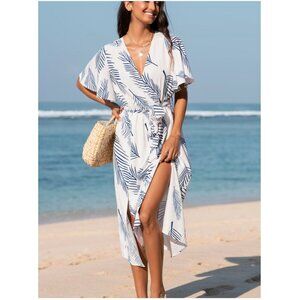 Cupshe Belted Abstract Leaf Print Midi Dress White & Navy Blue Wrap Style Large